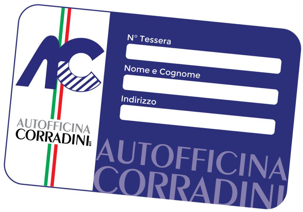 La tessera dedicata al soccorso stradale, formato carta di credito blu con nome, cognome, logo Autofficina Corradini